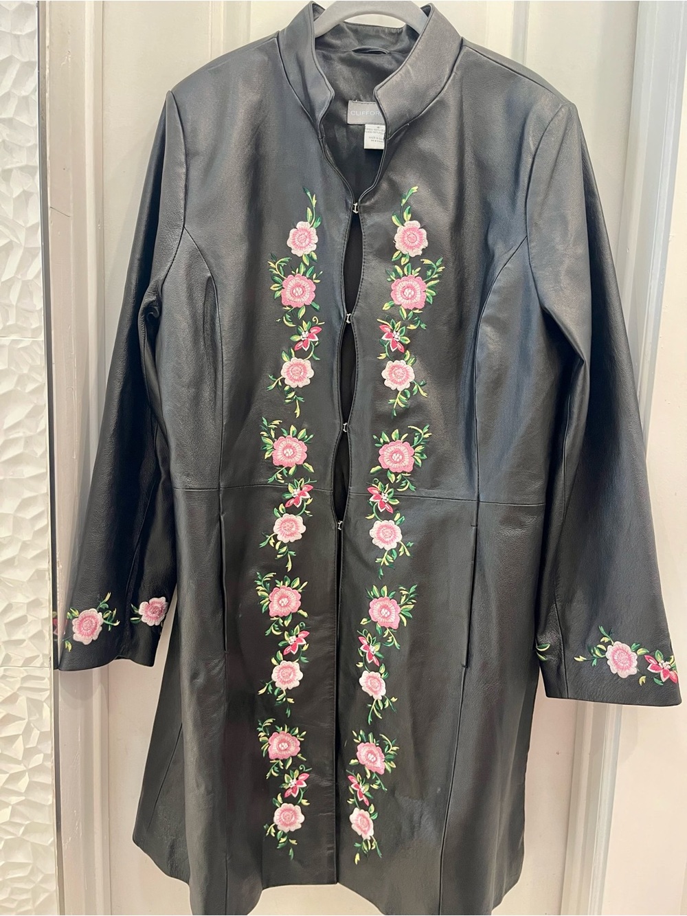 Black Embroidered Leather Longline Jacket with Pink Floral Trim